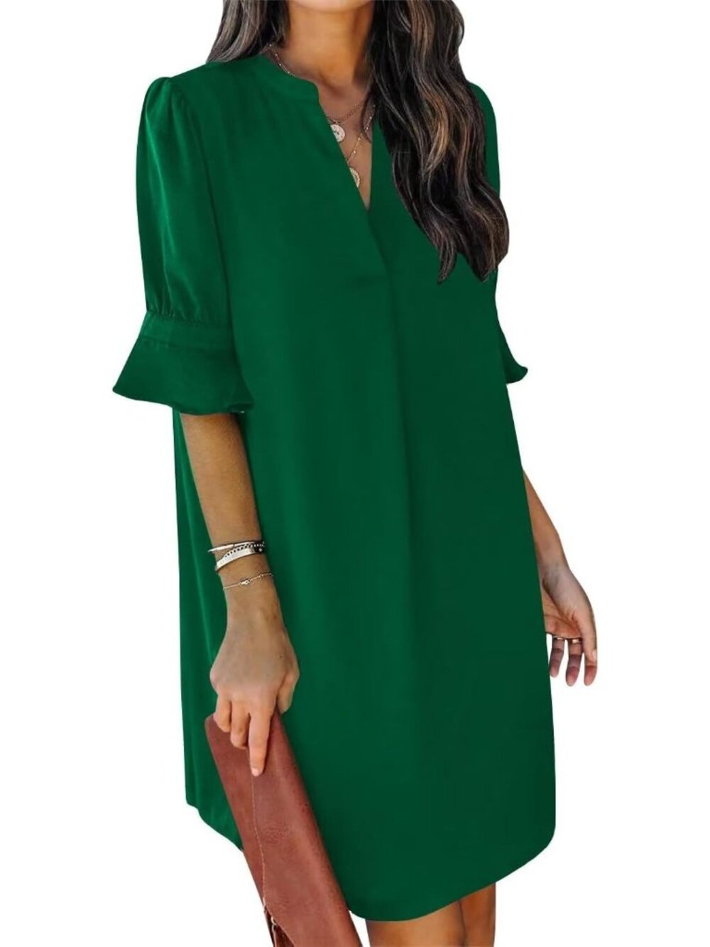Women's Dark Green Dresses V Neck Short Sleeve Solid Casual Shift Mini Dress